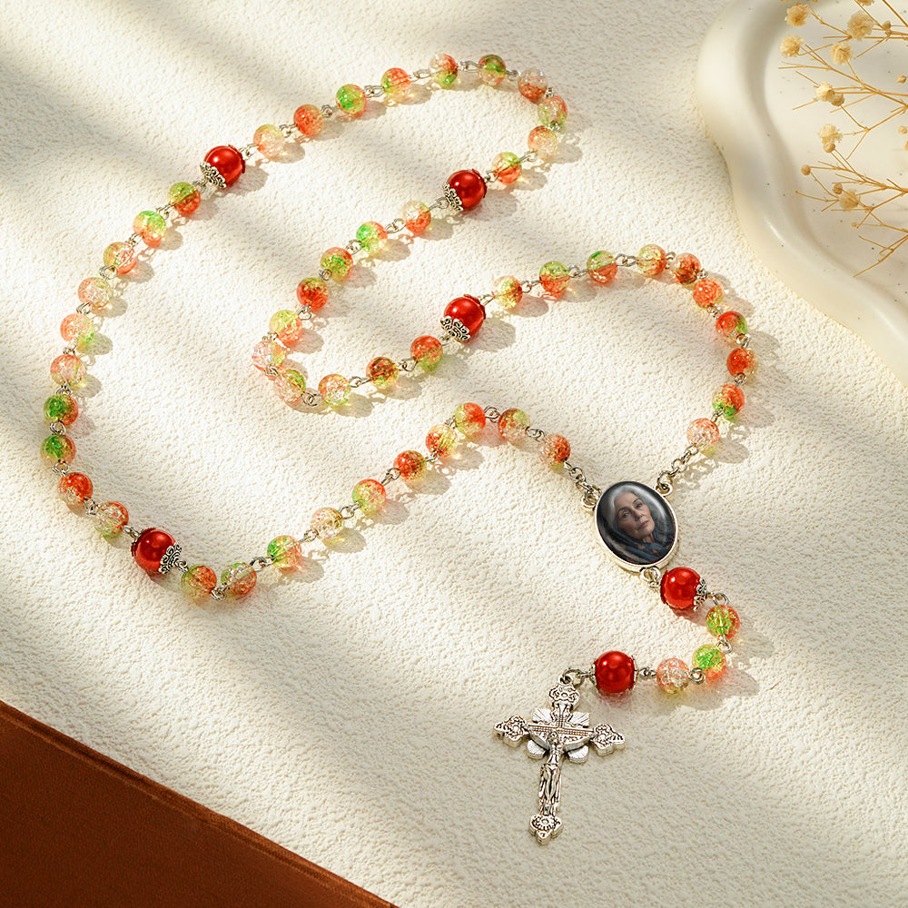 Custom Rosary Beads Cross Necklace Personalized Acrylic Explosion Beads Long Style Necklace with Photo
