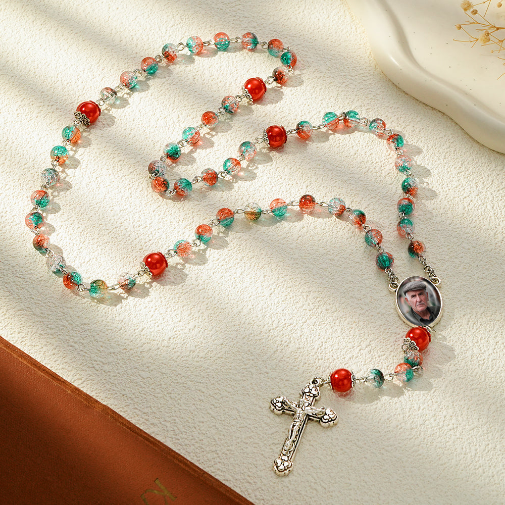 Custom Rosary Beads Cross Necklace Personalized Acrylic Explosion Beads Long Style Necklace with Photo