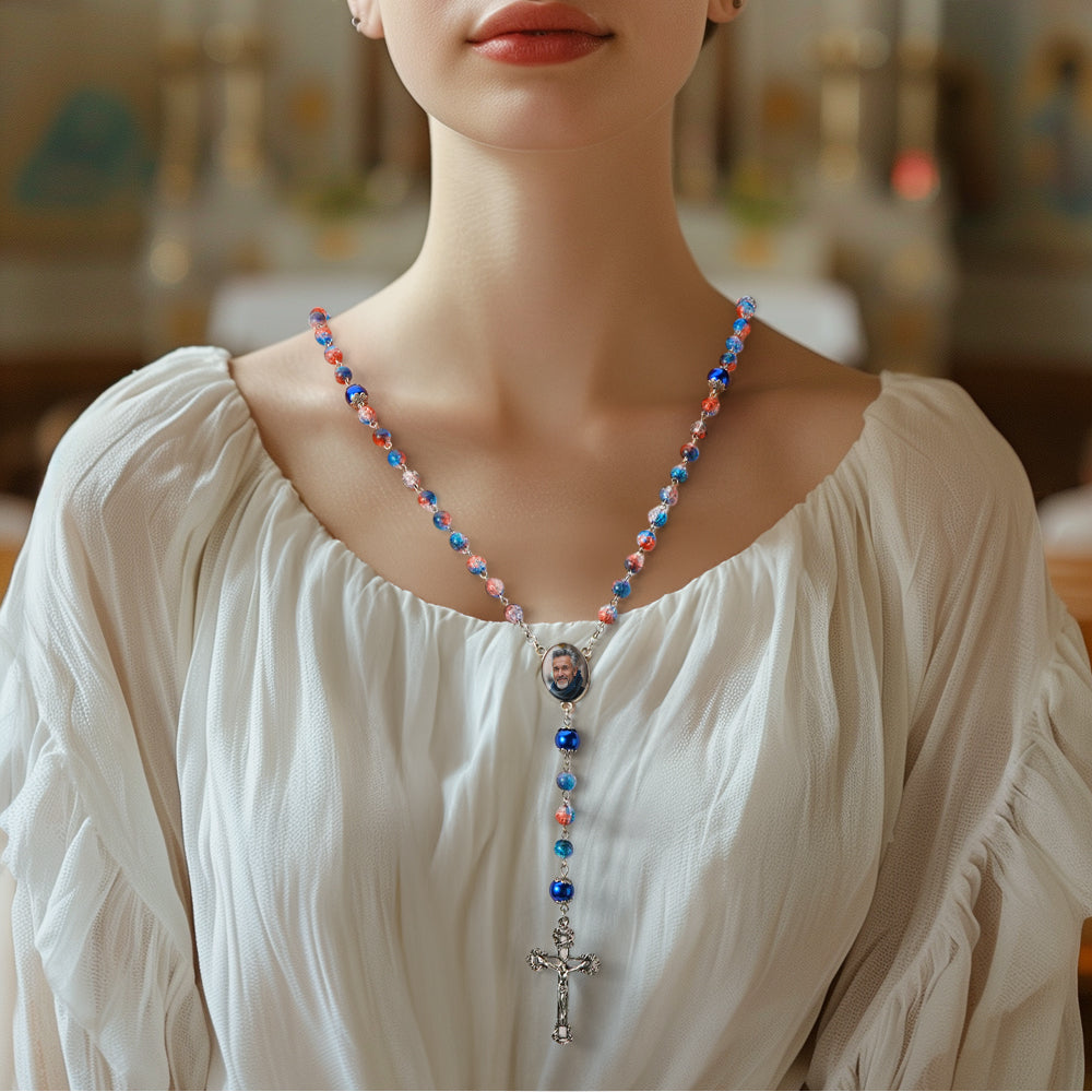 Custom Rosary Beads Cross Necklace Personalized Acrylic Explosion Beads Long Style Necklace with Photo