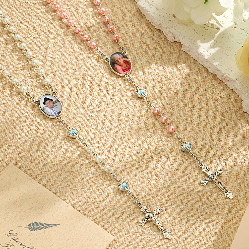 Custom Rosary Beads Necklace Personalized Glass Imitation Pearls Cross Necklace with Photo