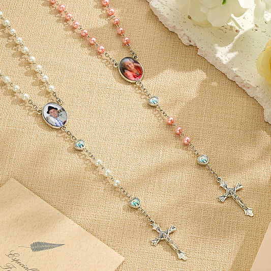 Custom Rosary Beads Necklace Personalized Glass Imitation Pearls Cross Necklace with Photo