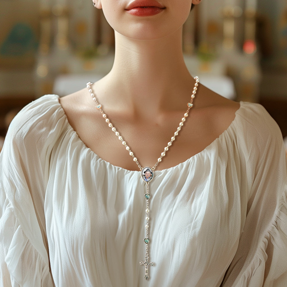 Custom Rosary Beads Necklace Personalized Glass Imitation Pearls Cross Necklace with Photo