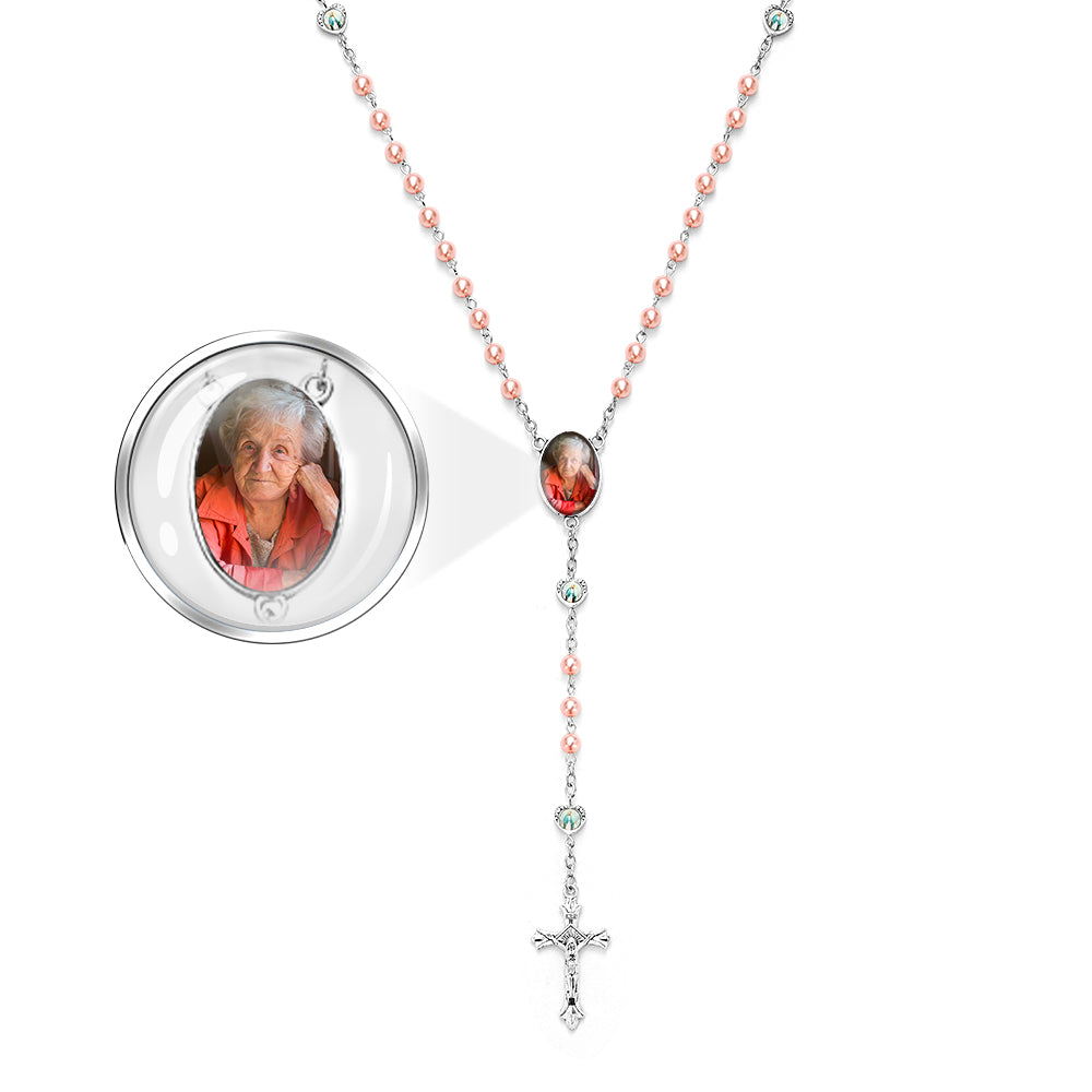 Custom Rosary Beads Necklace Personalized Glass Imitation Pearls Cross Necklace with Photo
