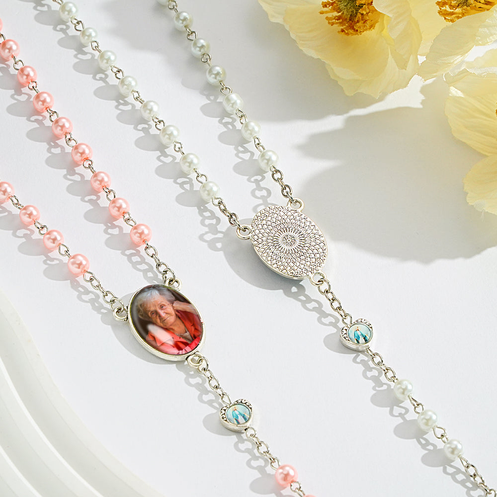 Custom Rosary Beads Necklace Personalized Glass Imitation Pearls Cross Necklace with Photo