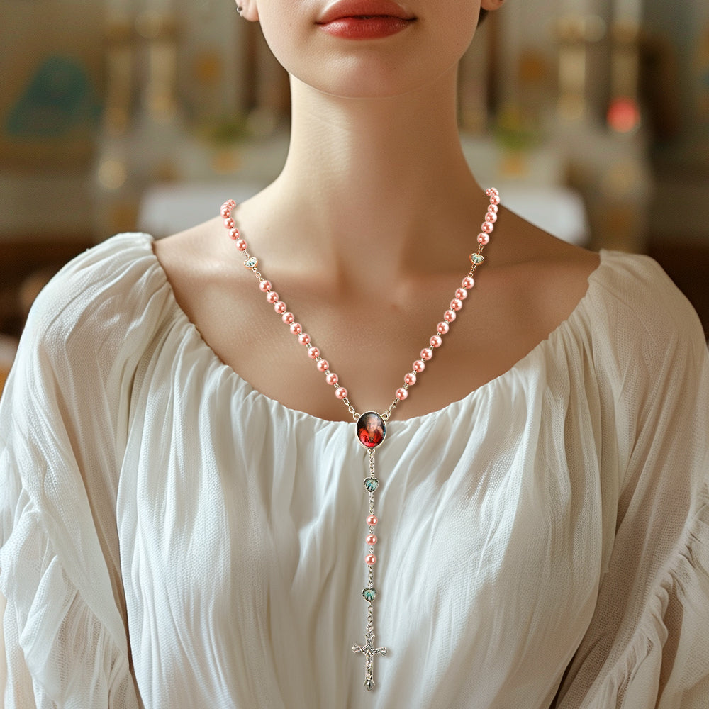 Custom Rosary Beads Necklace Personalized Glass Imitation Pearls Cross Necklace with Photo