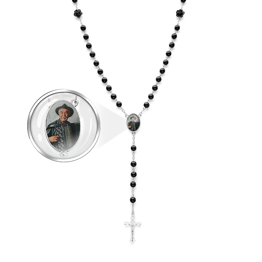 Custom Rosary Beads Cross Necklace Personalized Glass Imitation Pearls Necklace with Photo