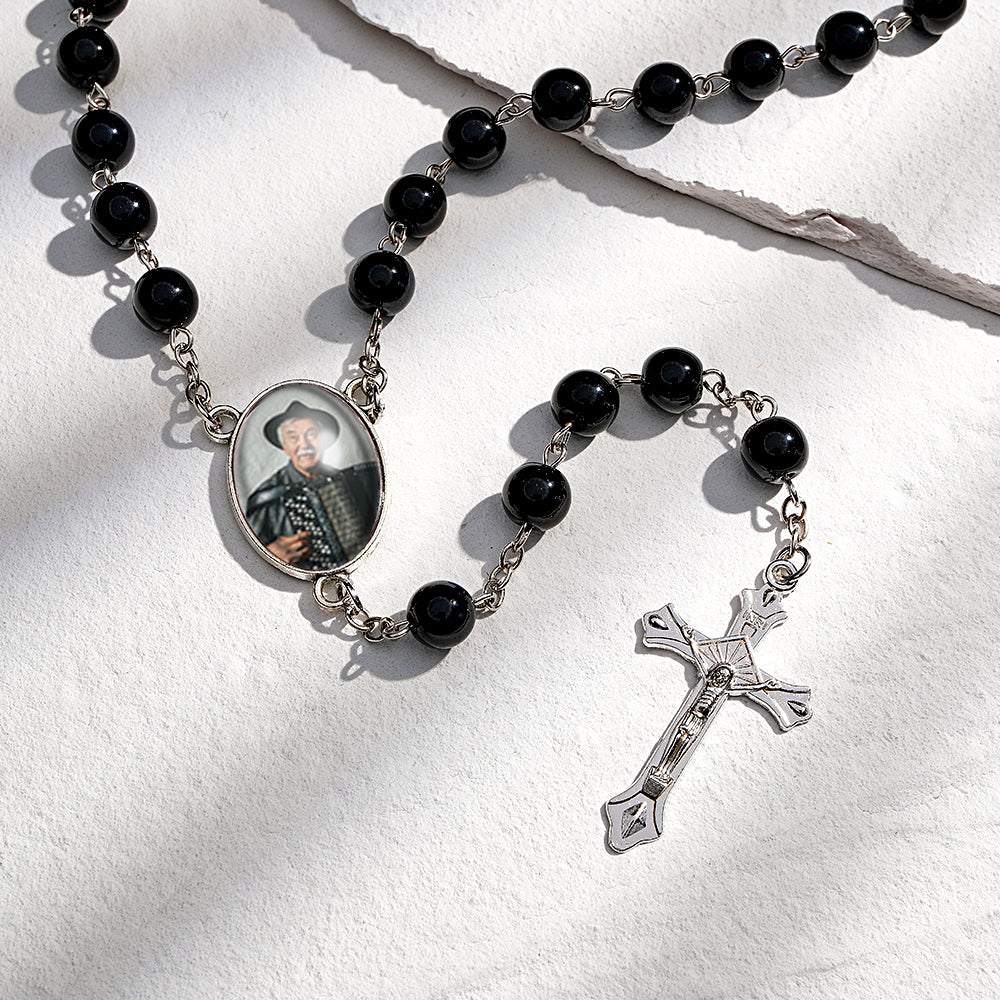 Custom Rosary Beads Cross Necklace Personalized Glass Imitation Pearls Necklace with Photo