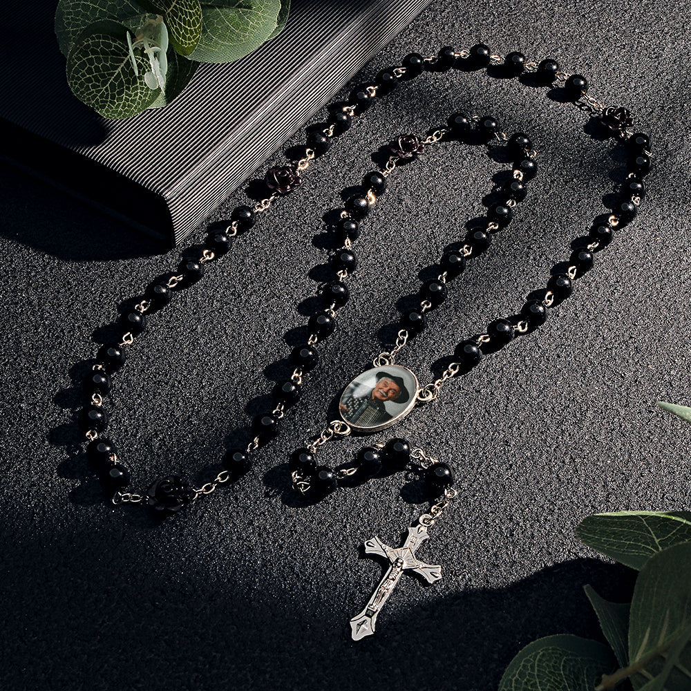 Custom Rosary Beads Cross Necklace Personalized Glass Imitation Pearls Necklace with Photo