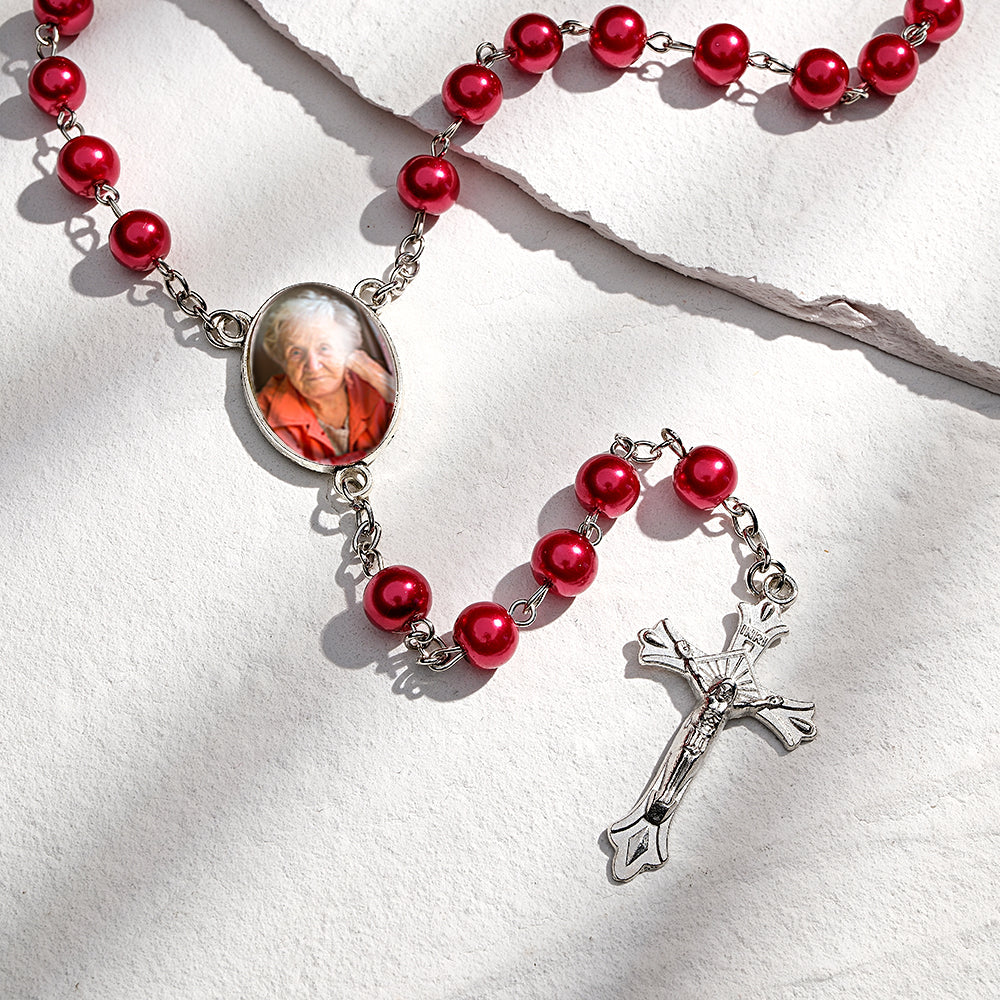 Custom Rosary Beads Cross Necklace Personalized Glass Imitation Pearls Necklace with Photo