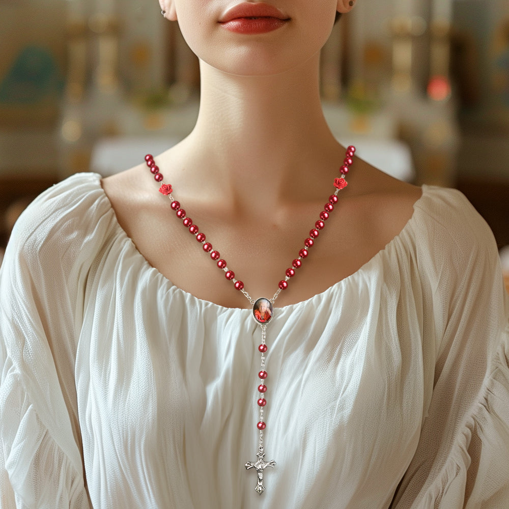 Custom Rosary Beads Cross Necklace Personalized Glass Imitation Pearls Necklace with Photo