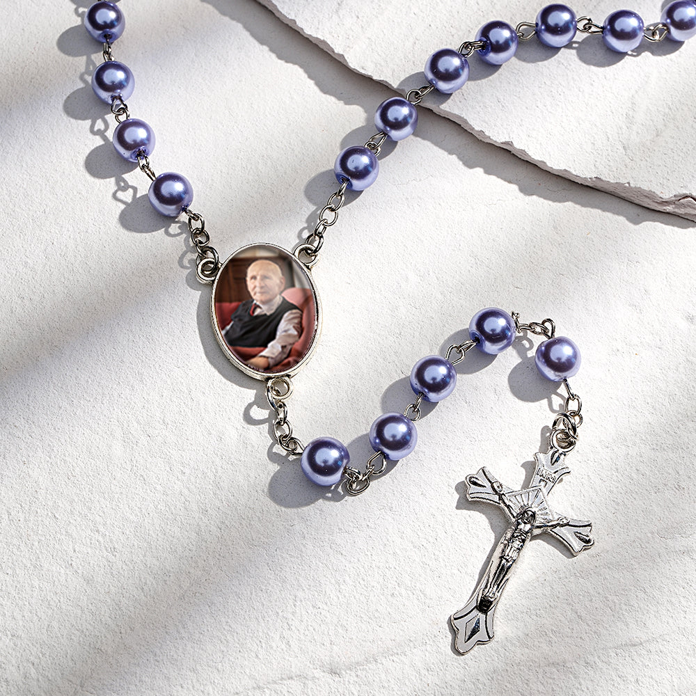 Custom Rosary Beads Cross Necklace Personalized Glass Imitation Pearls Necklace with Photo