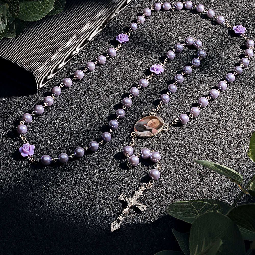 Custom Rosary Beads Cross Necklace Personalized Glass Imitation Pearls Necklace with Photo
