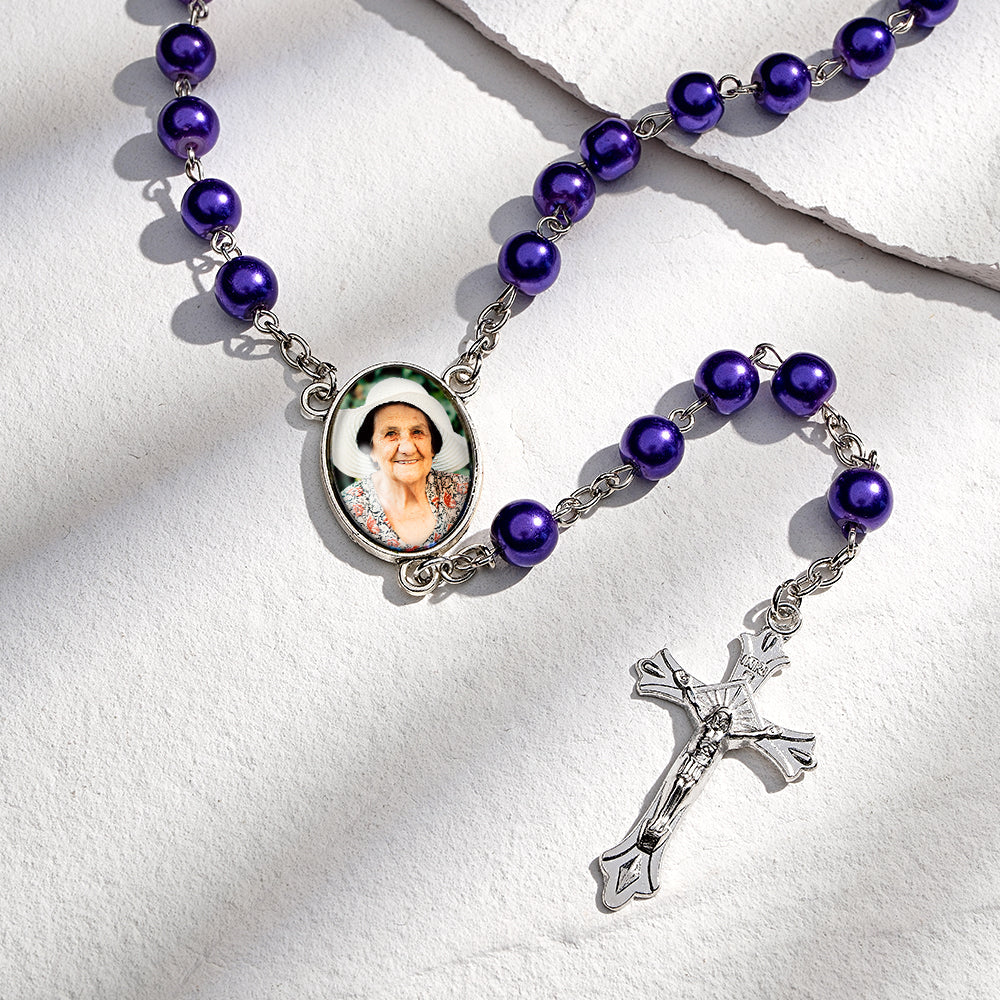 Custom Rosary Beads Cross Necklace Personalized Glass Imitation Pearls Necklace with Photo