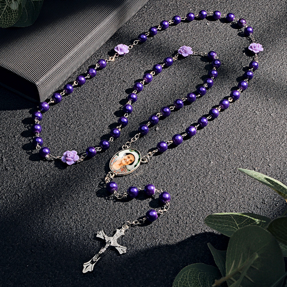 Custom Rosary Beads Cross Necklace Personalized Glass Imitation Pearls Necklace with Photo