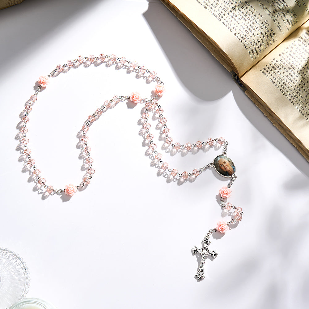 Custom Rosary Beads Cross Necklace Personalized Hip-Hop Style Multi-Color Crystal Necklace with Photo