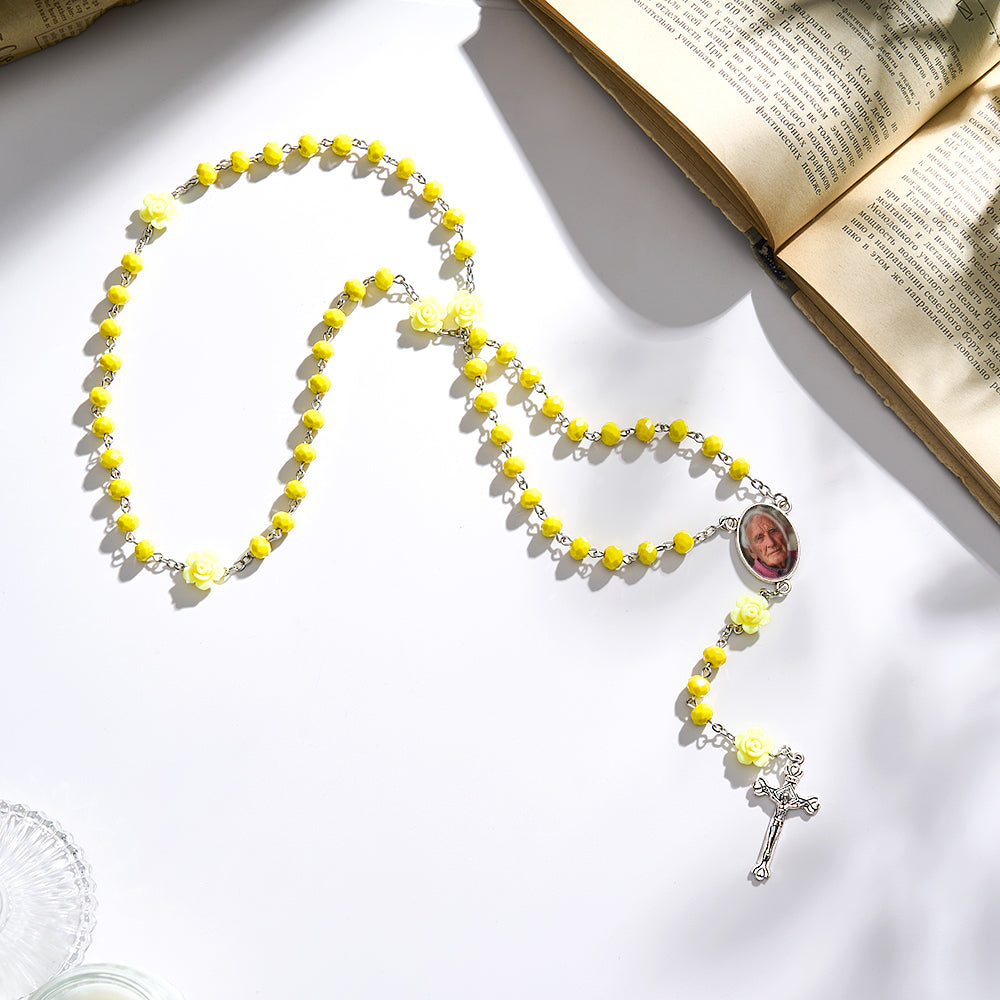 Custom Rosary Beads Cross Necklace Personalized Hip-Hop Style Multi-Color Crystal Necklace with Photo