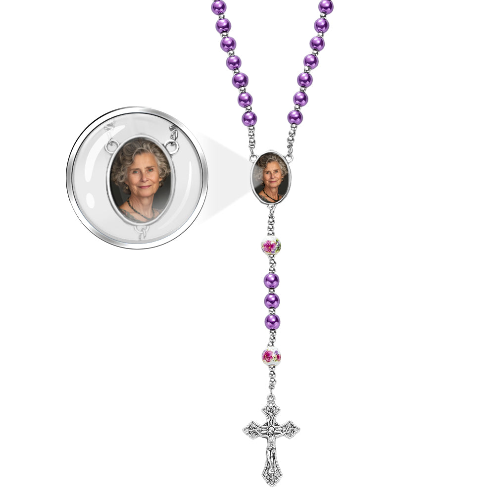 Custom Rosary Beads Cross Necklace Personalized Ceramic Rose Glass Imitation Pearl Necklace with Photo