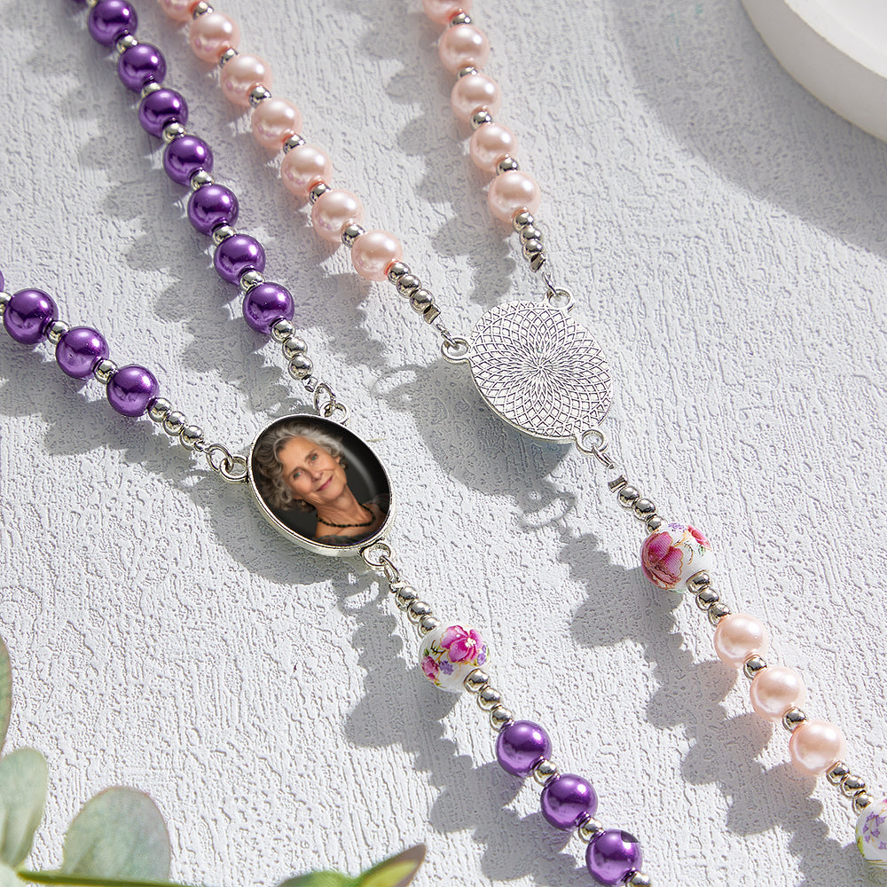 Custom Rosary Beads Cross Necklace Personalized Ceramic Rose Glass Imitation Pearl Necklace with Photo