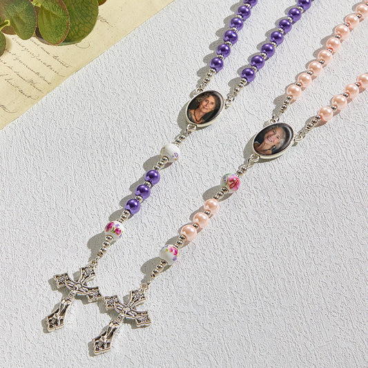 Custom Rosary Beads Cross Necklace Personalized Ceramic Rose Glass Imitation Pearl Necklace with Photo