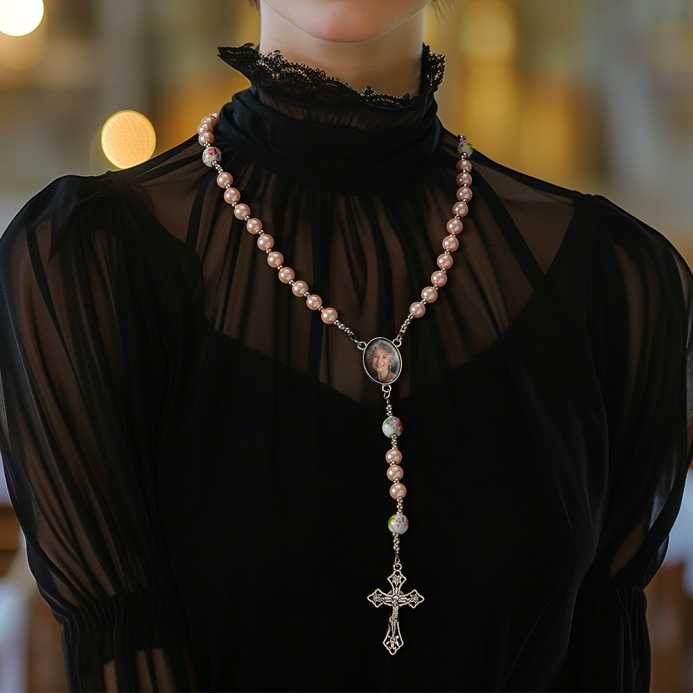 Custom Rosary Beads Cross Necklace Personalized Ceramic Rose Glass Imitation Pearl Necklace with Photo