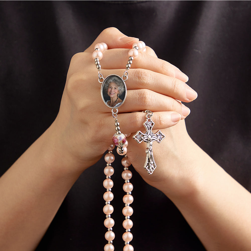 Custom Rosary Beads Cross Necklace Personalized Ceramic Rose Glass Imitation Pearl Necklace with Photo