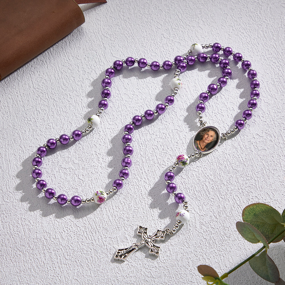 Custom Rosary Beads Cross Necklace Personalized Ceramic Rose Glass Imitation Pearl Necklace with Photo