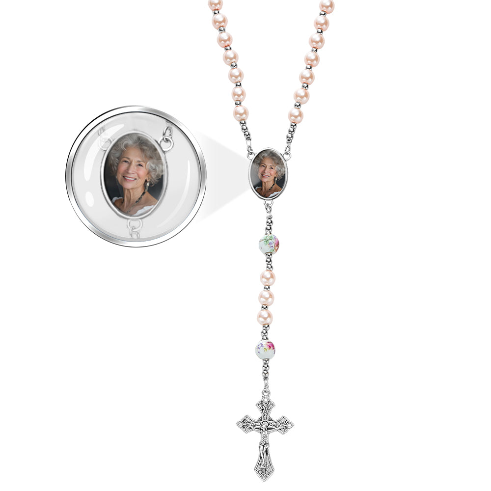 Custom Rosary Beads Cross Necklace Personalized Ceramic Rose Glass Imitation Pearl Necklace with Photo