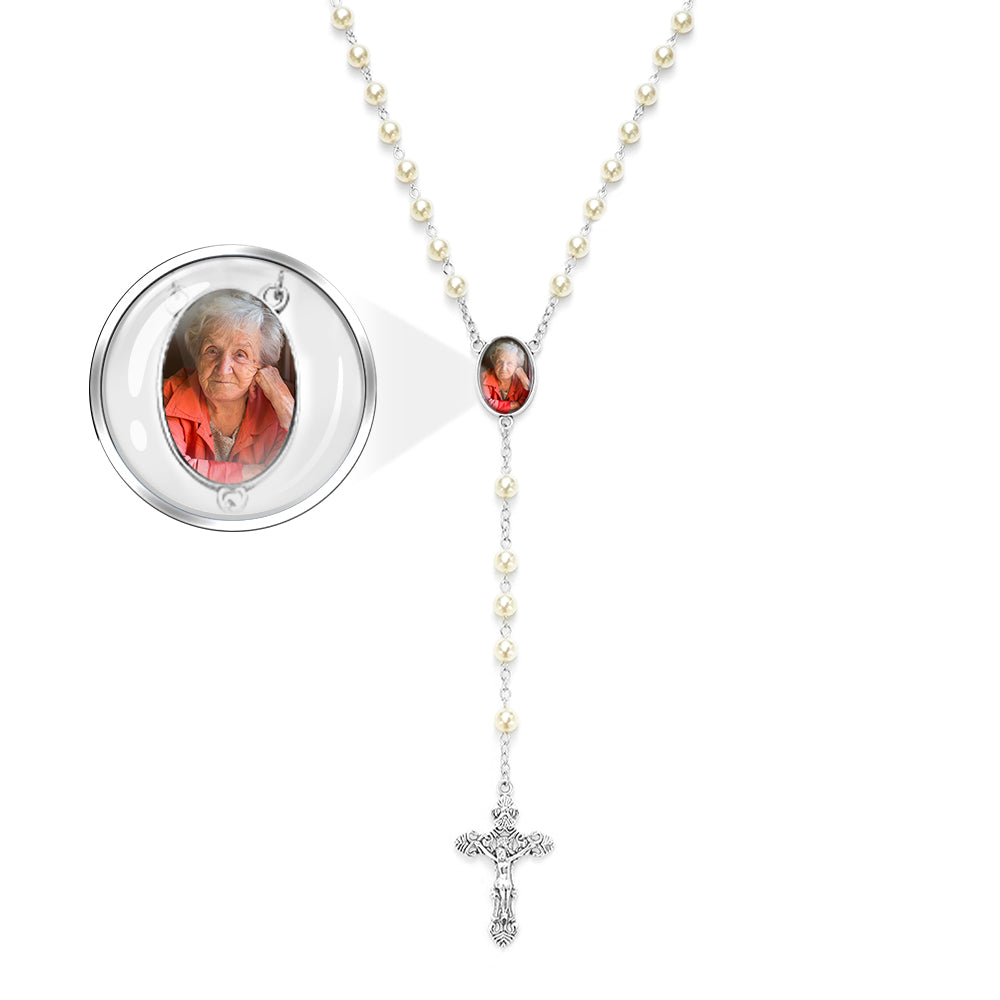Custom Rosary Beads Cross Necklace Personalized White Imitation Pearls Necklace with Photo
