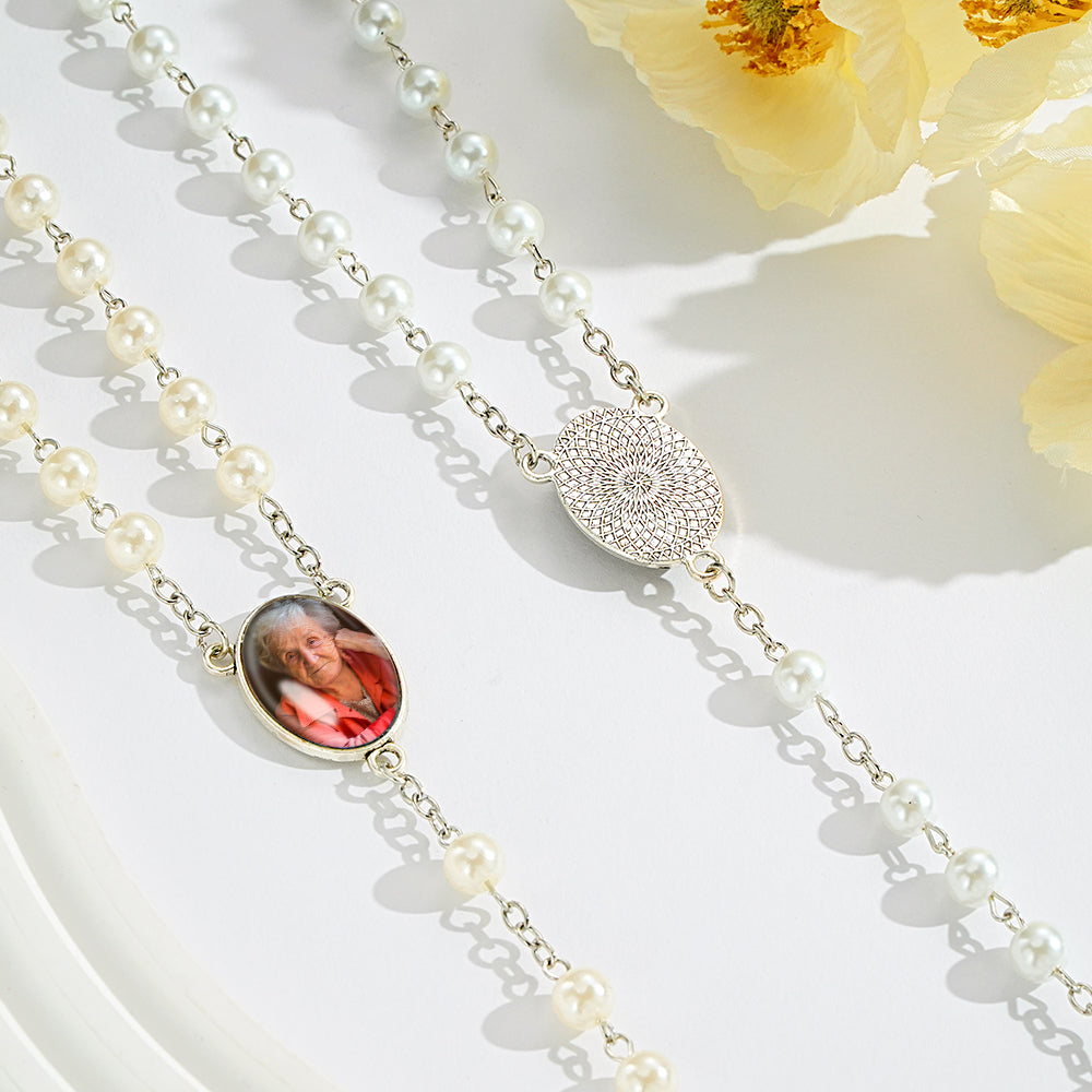 Custom Rosary Beads Cross Necklace Personalized White Imitation Pearls Necklace with Photo