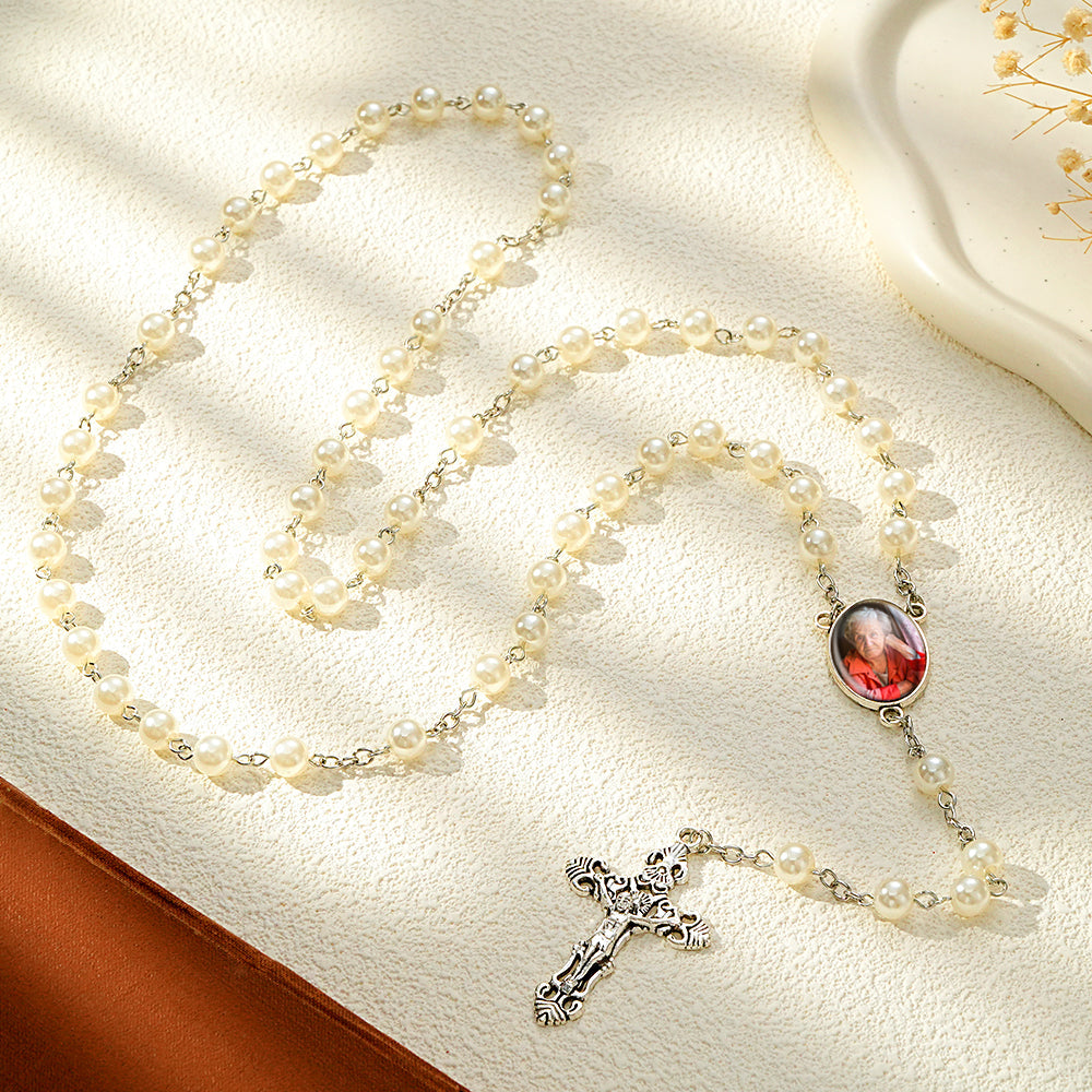 Custom Rosary Beads Cross Necklace Personalized White Imitation Pearls Necklace with Photo
