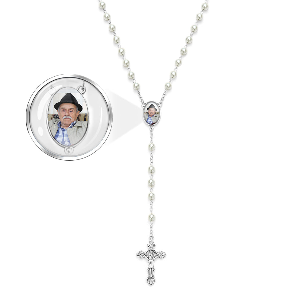 Custom Rosary Beads Cross Necklace Personalized White Imitation Pearls Necklace with Photo