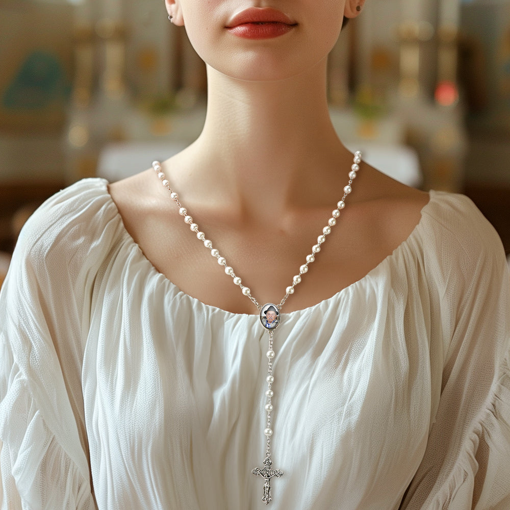 Custom Rosary Beads Cross Necklace Personalized White Imitation Pearls Necklace with Photo