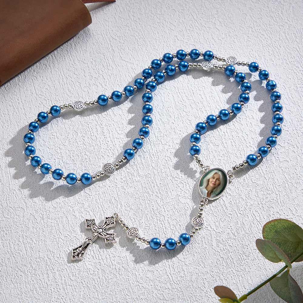 Custom Rosary Beads Cross Necklace Personalized Retro Glass Imitation Pearl Hollow Necklace with Photo