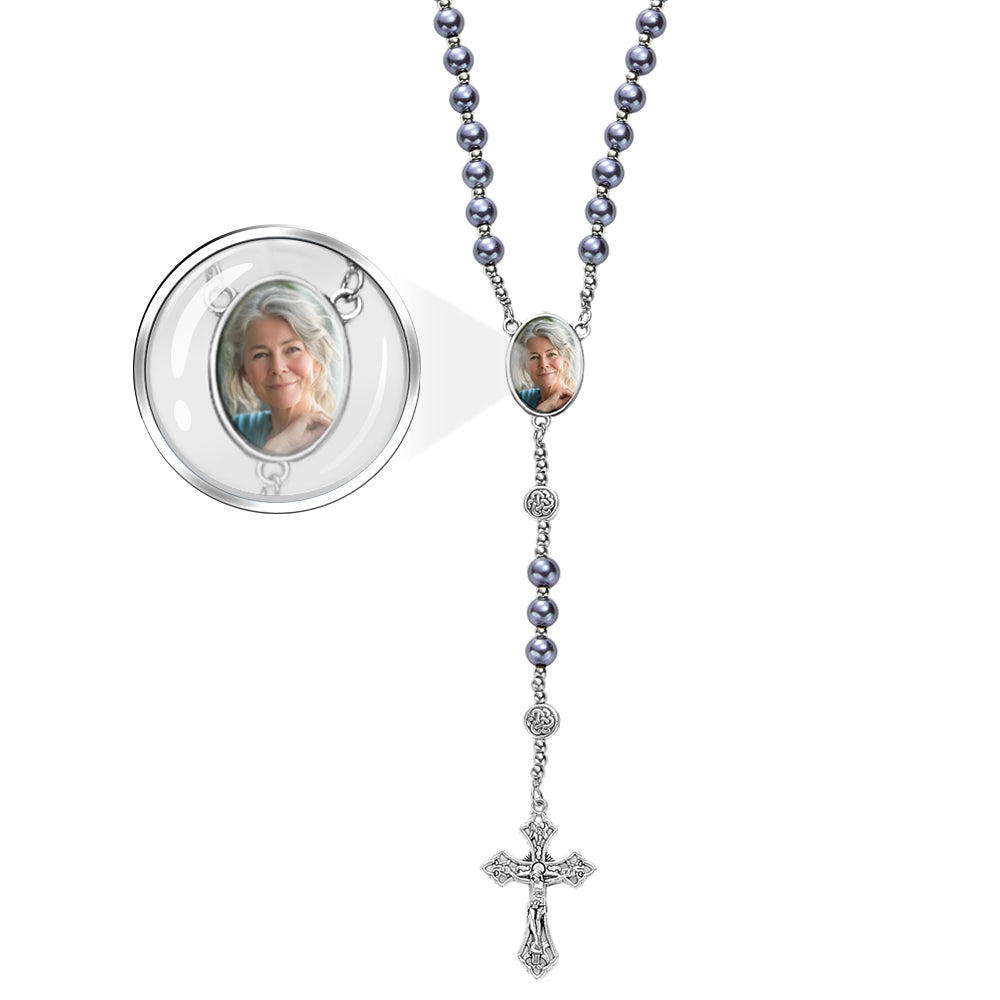 Custom Rosary Beads Cross Necklace Personalized Retro Glass Imitation Pearl Hollow Necklace with Photo