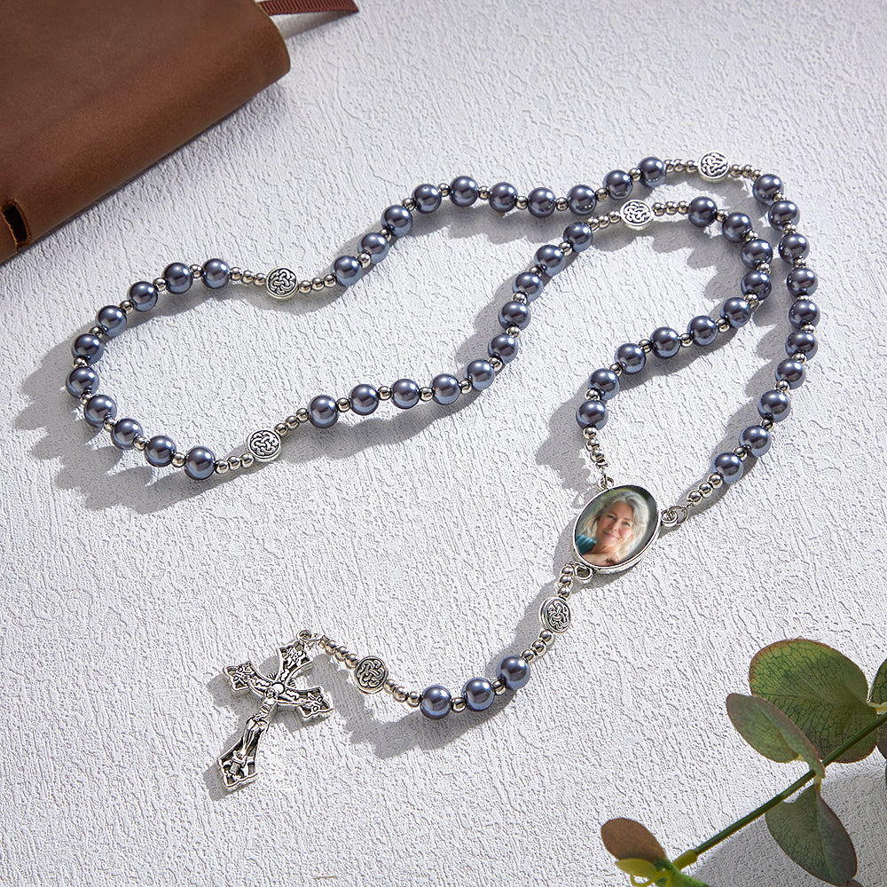 Custom Rosary Beads Cross Necklace Personalized Retro Glass Imitation Pearl Hollow Necklace with Photo