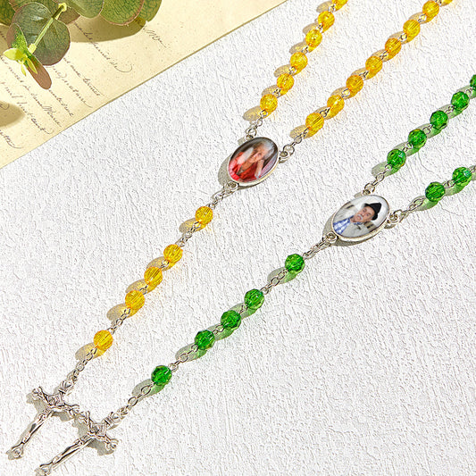 Custom Rosary Beads Cross Necklace Personalized Retro Style Handmade Bead Chain Necklace with Photo