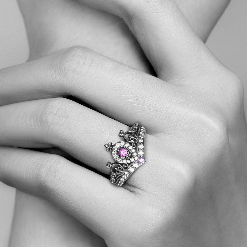 Summer Female Captured Hearts Tiara Ring Pink Purple 925 Sterling Silver