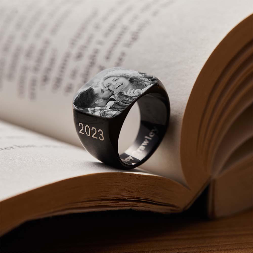 Personalized Photo Square Ring Custom Engraved Ring Gift For Men