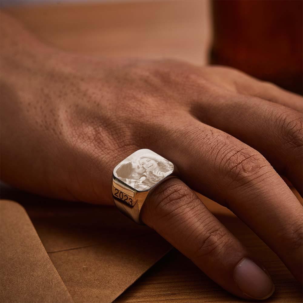 Personalized Photo Square Ring Custom Engraved Ring Gift For Men