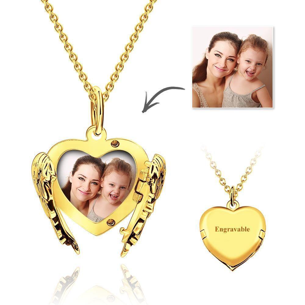 Engravable Photo Locket Necklace Personalized Heart Angel Wings Sterling Silver Gift For Mom