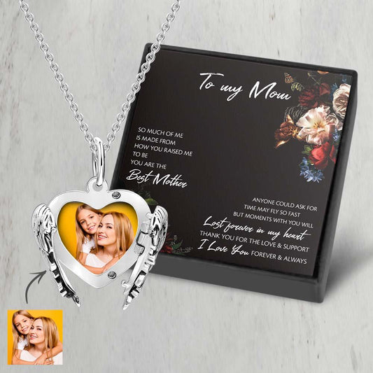 Engravable Photo Locket Necklace Personalized Heart Angel Wings Sterling Silver Gift For Mom