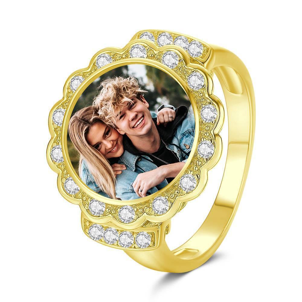 Photo Ring Round Photo with Zircon Mother's Gift Rose Gold Plated