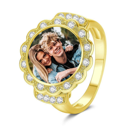 Photo Ring Round Photo with Zircon Mother's Gift Rose Gold Plated