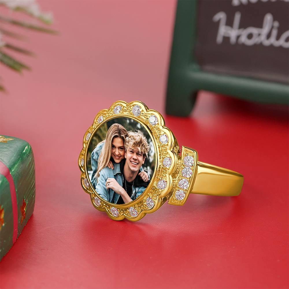 Photo Ring Round Photo with Zircon Mother's Gift Rose Gold Plated