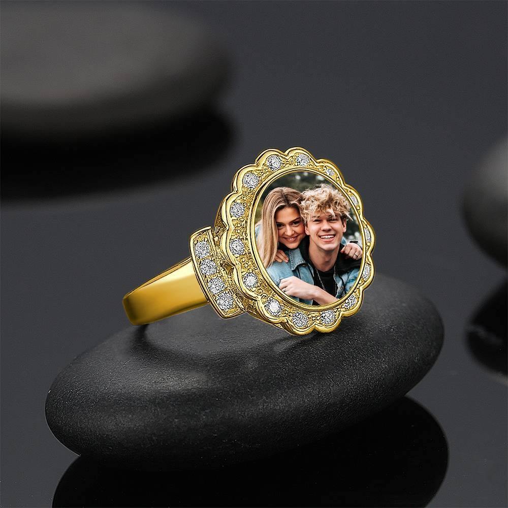 Photo Ring Round Photo with Zircon Mother's Gift Rose Gold Plated