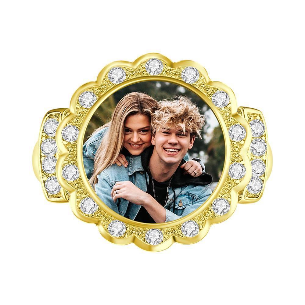 Photo Ring Round Photo with Zircon Mother's Gift Rose Gold Plated