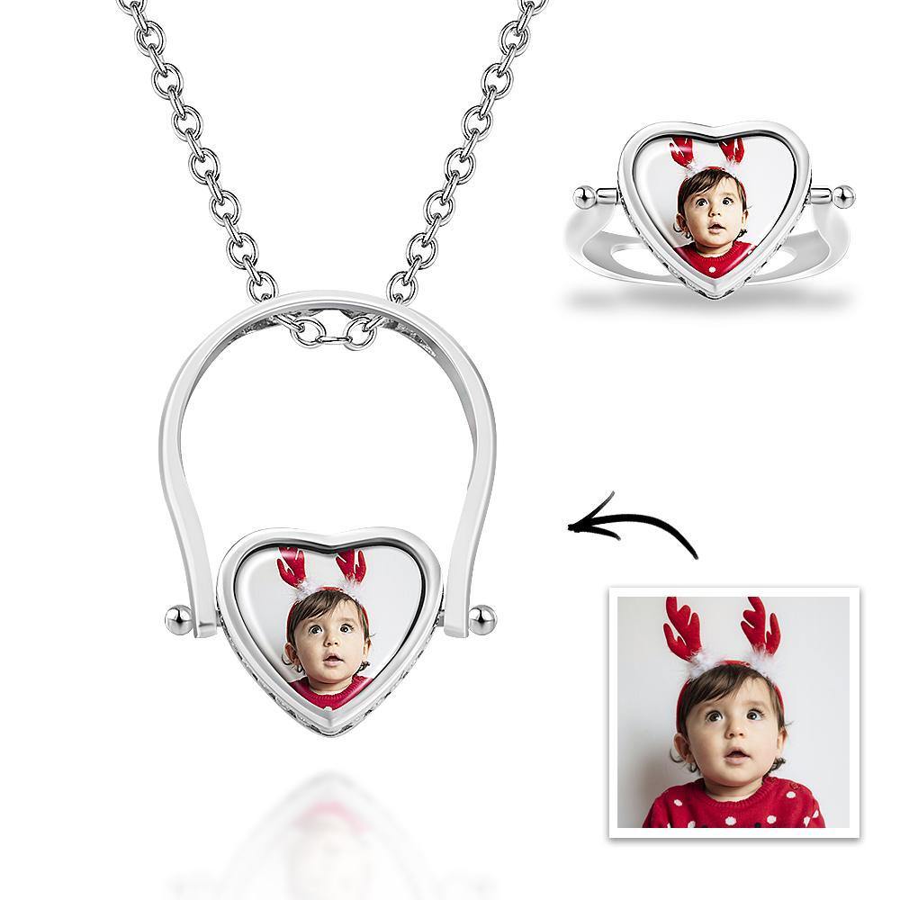 Custom Photo Necklace, Photo Ring Couple's Gifts Dual-use (Ring Size 5#) Rose Gold Plated