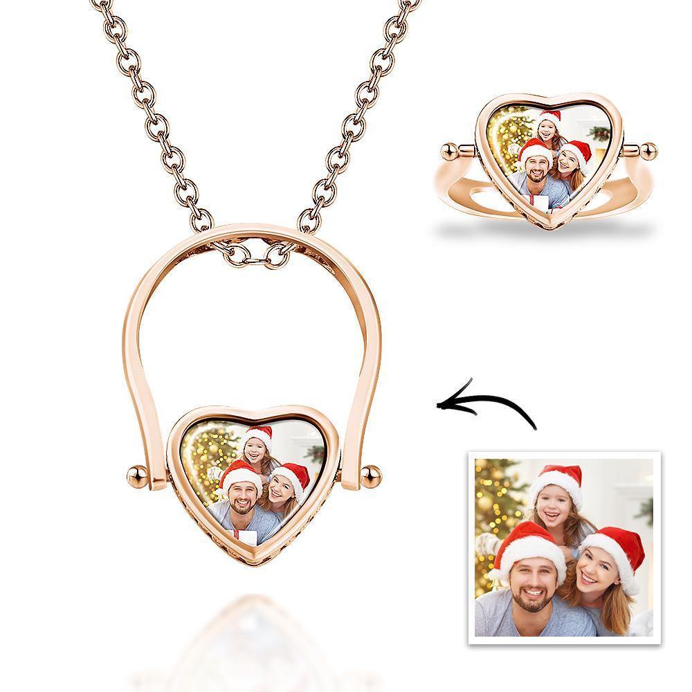 Custom Photo Necklace, Photo Ring Couple's Gifts Dual-use (Ring Size 5#) Rose Gold Plated