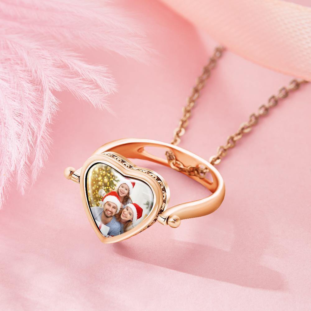 Custom Photo Necklace, Photo Ring Couple's Gifts Dual-use (Ring Size 5#) Rose Gold Plated