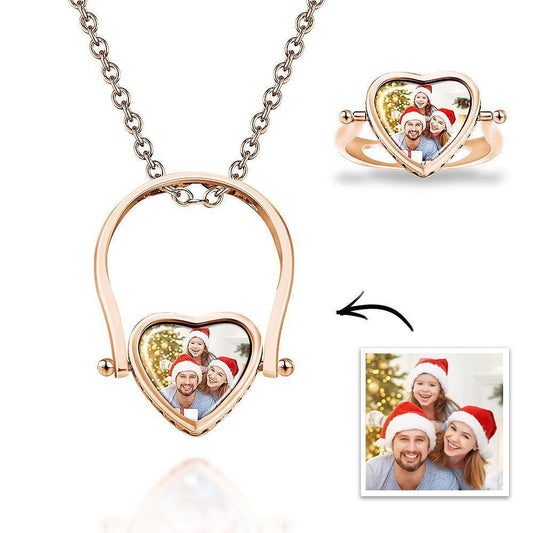 Custom Photo Necklace, Photo Ring Couple's Gifts Dual-use (Ring Size 5#) Rose Gold Plated